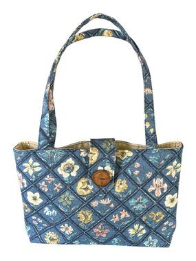 Handmade Blue, Yellow w/Flowers Quilted Tote Bag Pockets